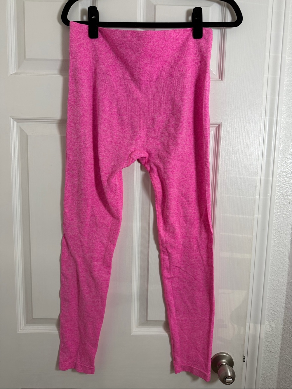 Hot Pink Seamless High Waisted Leggings Ribbed Workout Yoga Size L - Picture 4 of 5